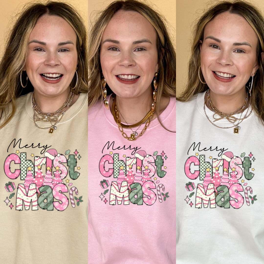 Online Exclusive | Merry Christmas Hand Drawn Graphic Sweatshirt with Christmas Icons in Multiple Color Options