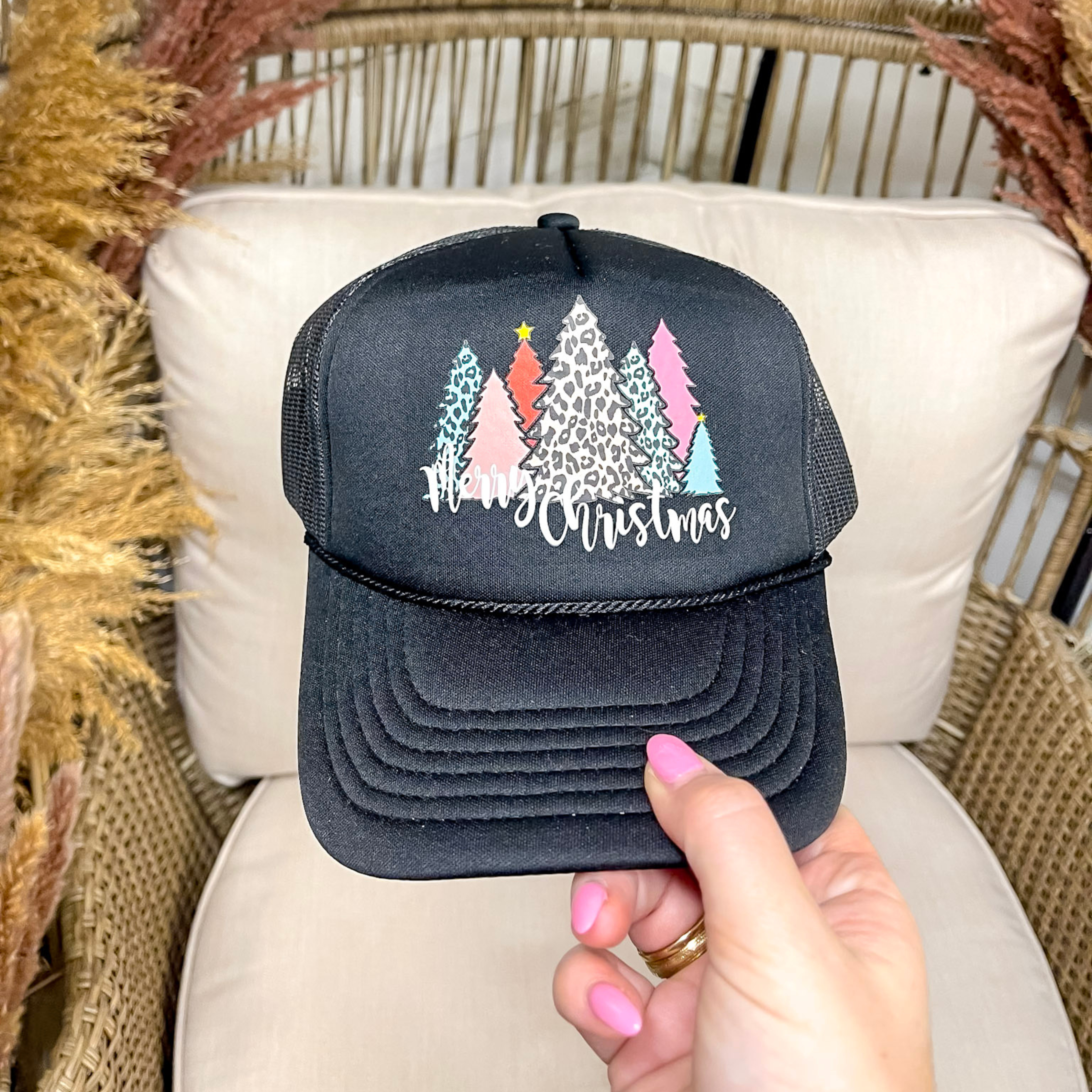 Merry Christmas Colorful Christmas Trees Foam Trucker Hat in Black