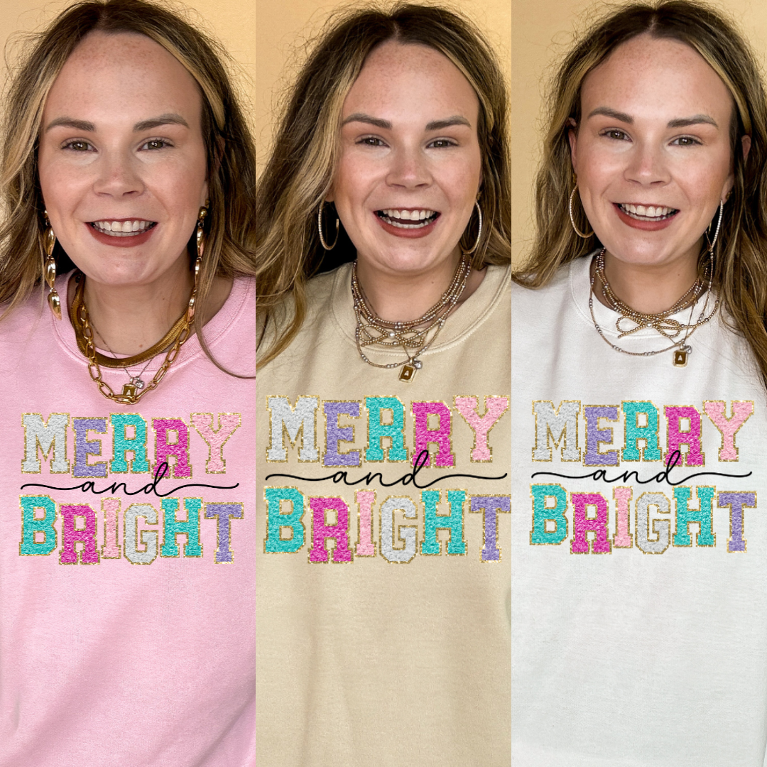 Online Exclusive | Merry and Bright Faux Chenille Letters Graphic Sweatshirt in Multiple Color Options