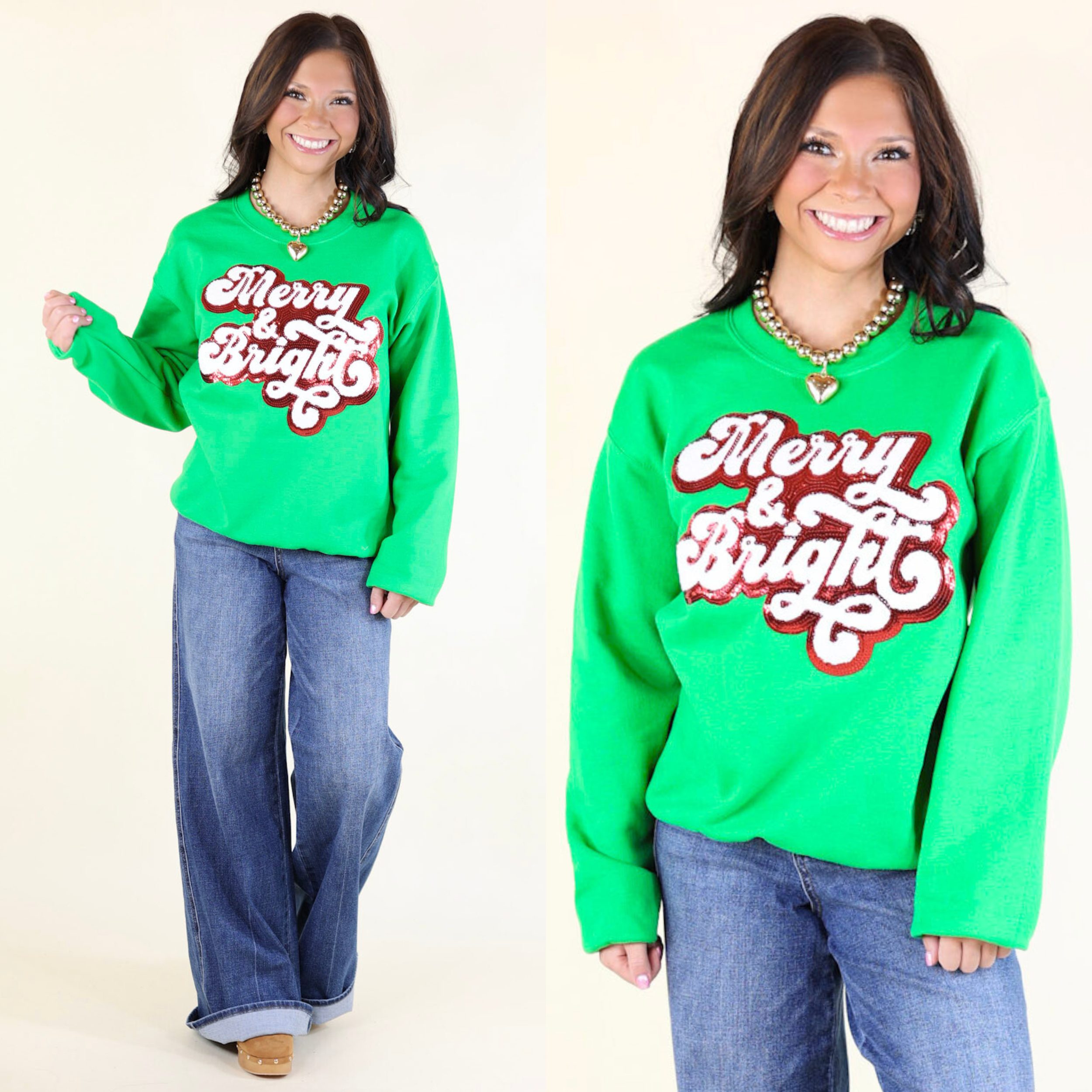 Merry & Bright Red Sequin Chenille Patch Graphic Sweatshirt in Green