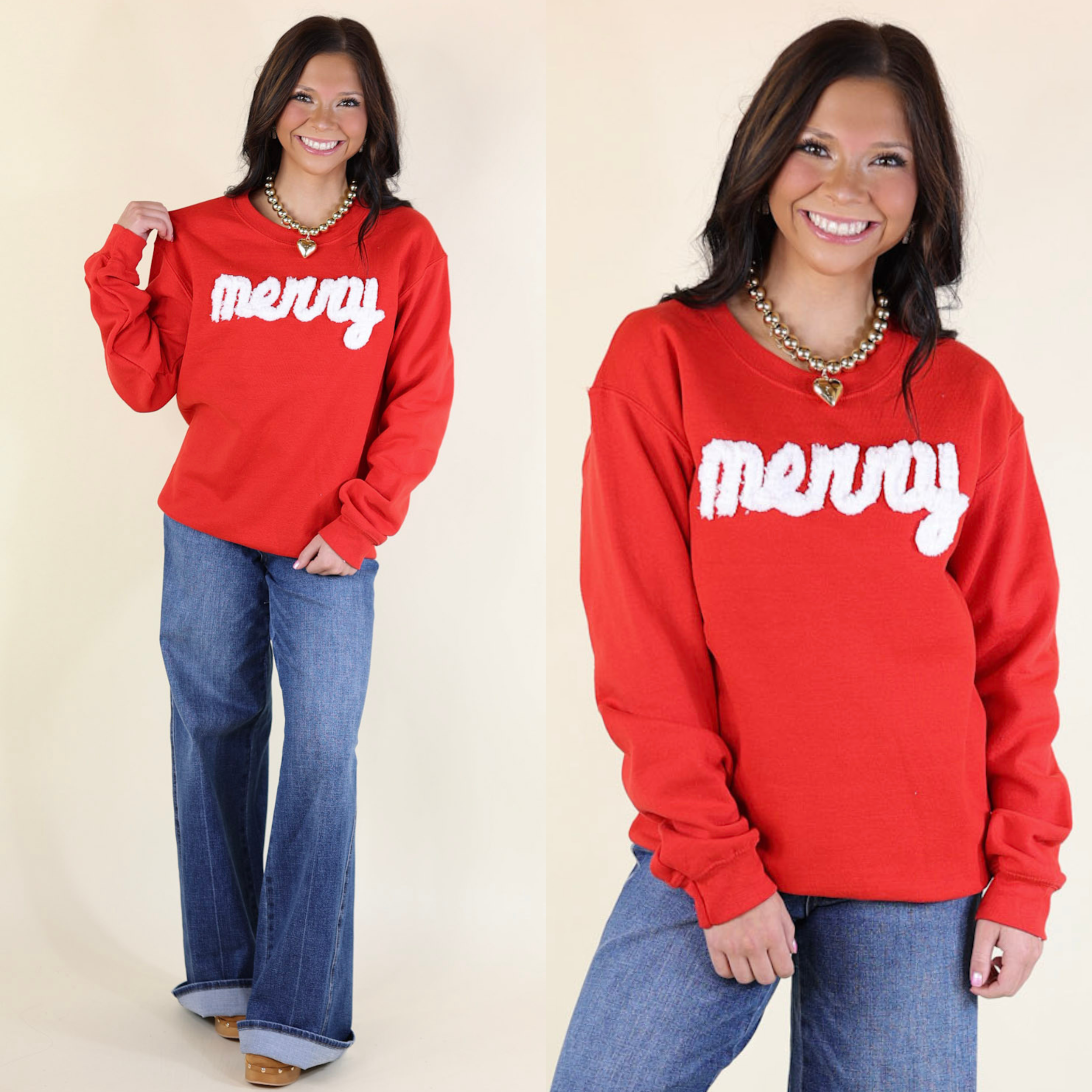 Merry Hand Stitched Christmas Graphic Sweatshirt in Red