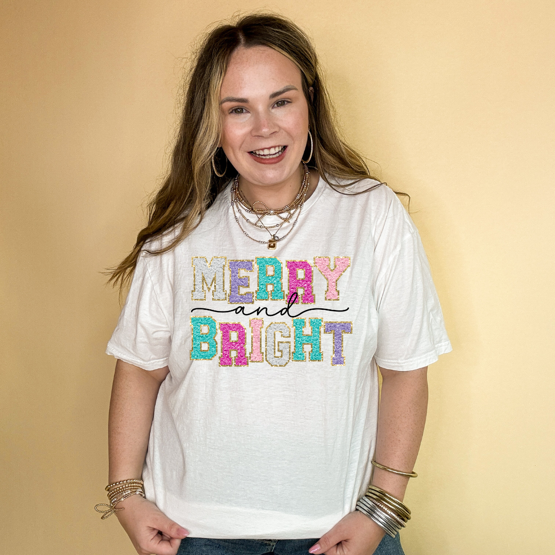 Online Exclusive | Merry and Bright Faux Chenille Letters Graphic Tee in Multiple Color Options