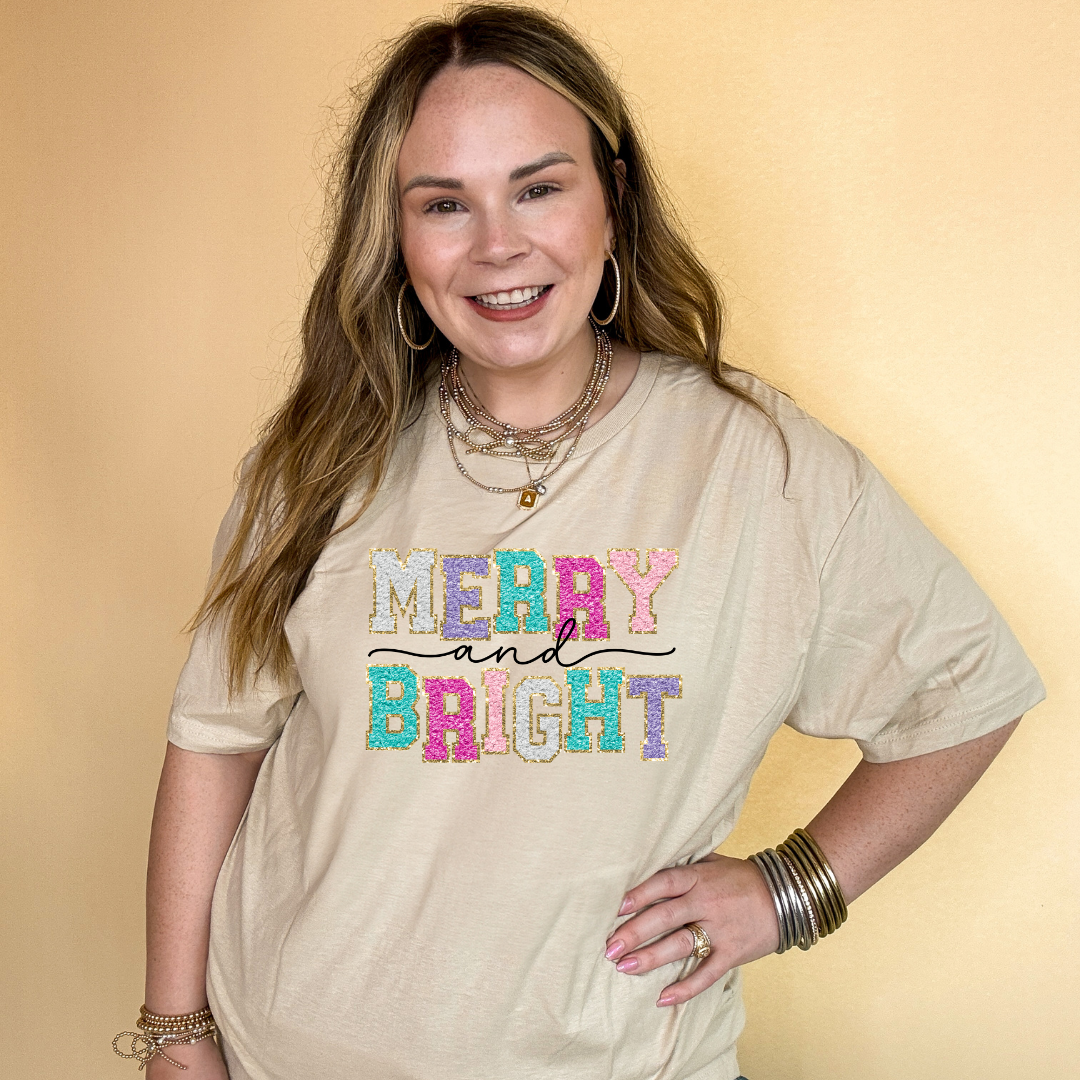 Online Exclusive | Merry and Bright Faux Chenille Letters Graphic Tee in Multiple Color Options