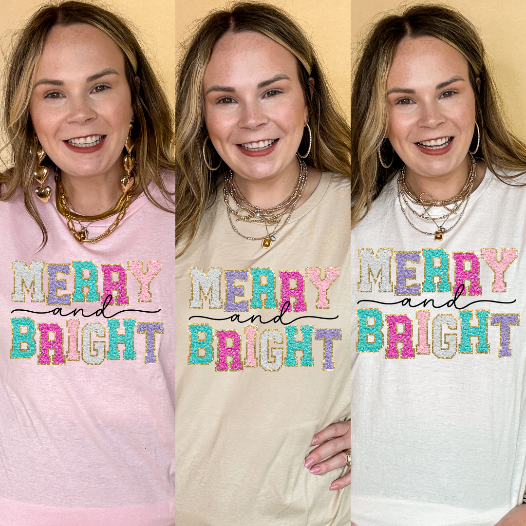 Online Exclusive | Merry and Bright Faux Chenille Letters Graphic Tee in Multiple Color Options