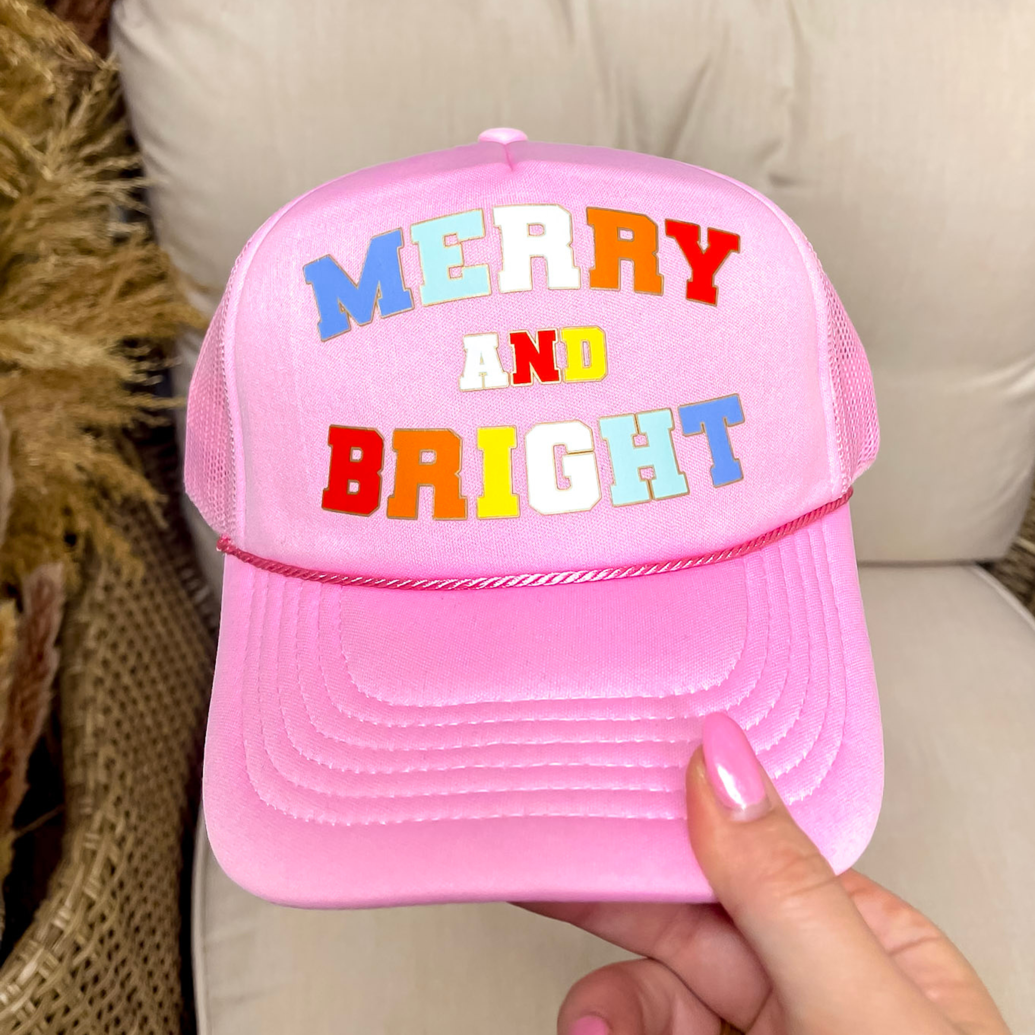 Merry and Bright Foam Trucker Hat in Light Pink