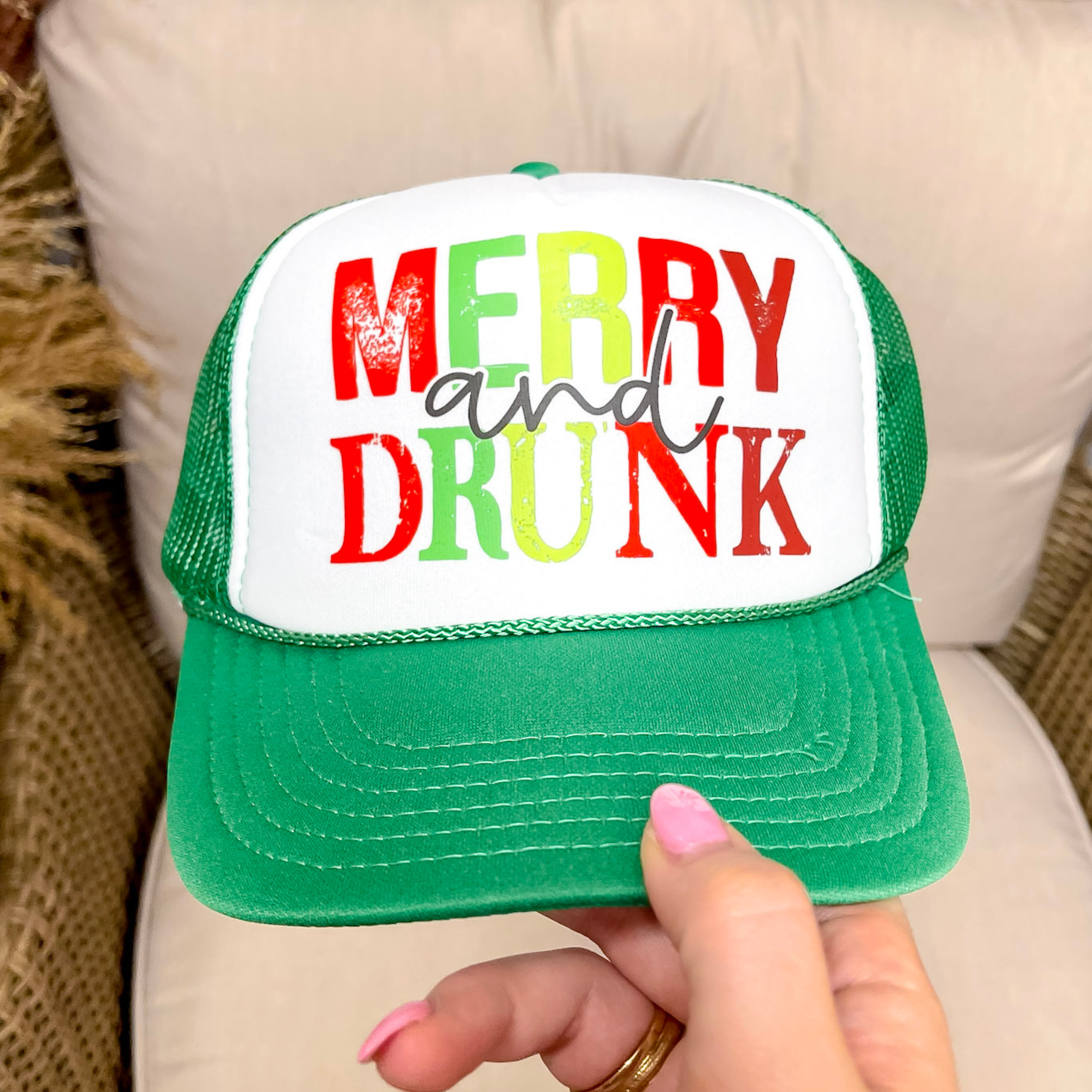 Merry and Drunk Foam Trucker Hat in Green and White