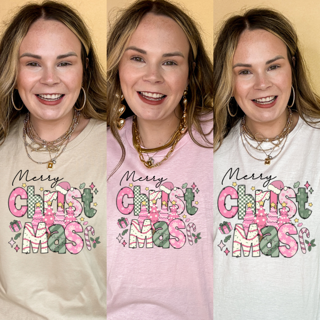 Online Exclusive | Merry Christmas Hand Drawn Graphic Tee with Christmas Icons in Multiple Color Options