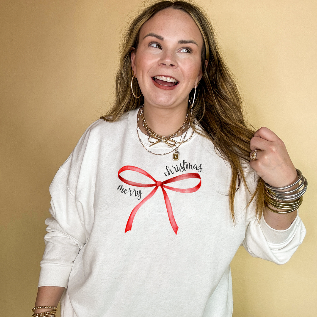 Online Exclusive | Merry Christmas Red Bow Graphic Sweatshirt in Multiple Color Options