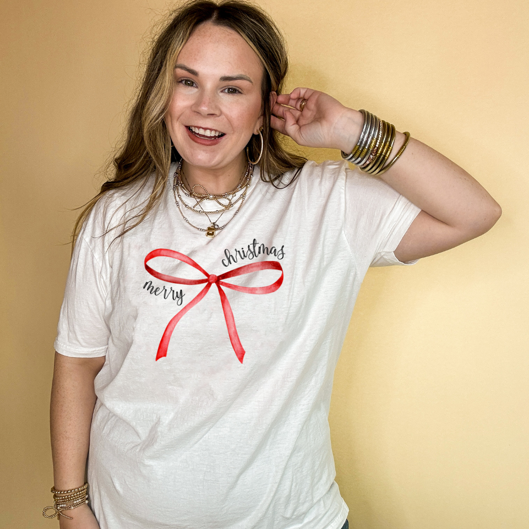 Online Exclusive | Merry Christmas Red Bow Graphic Tee in Multiple Color Options