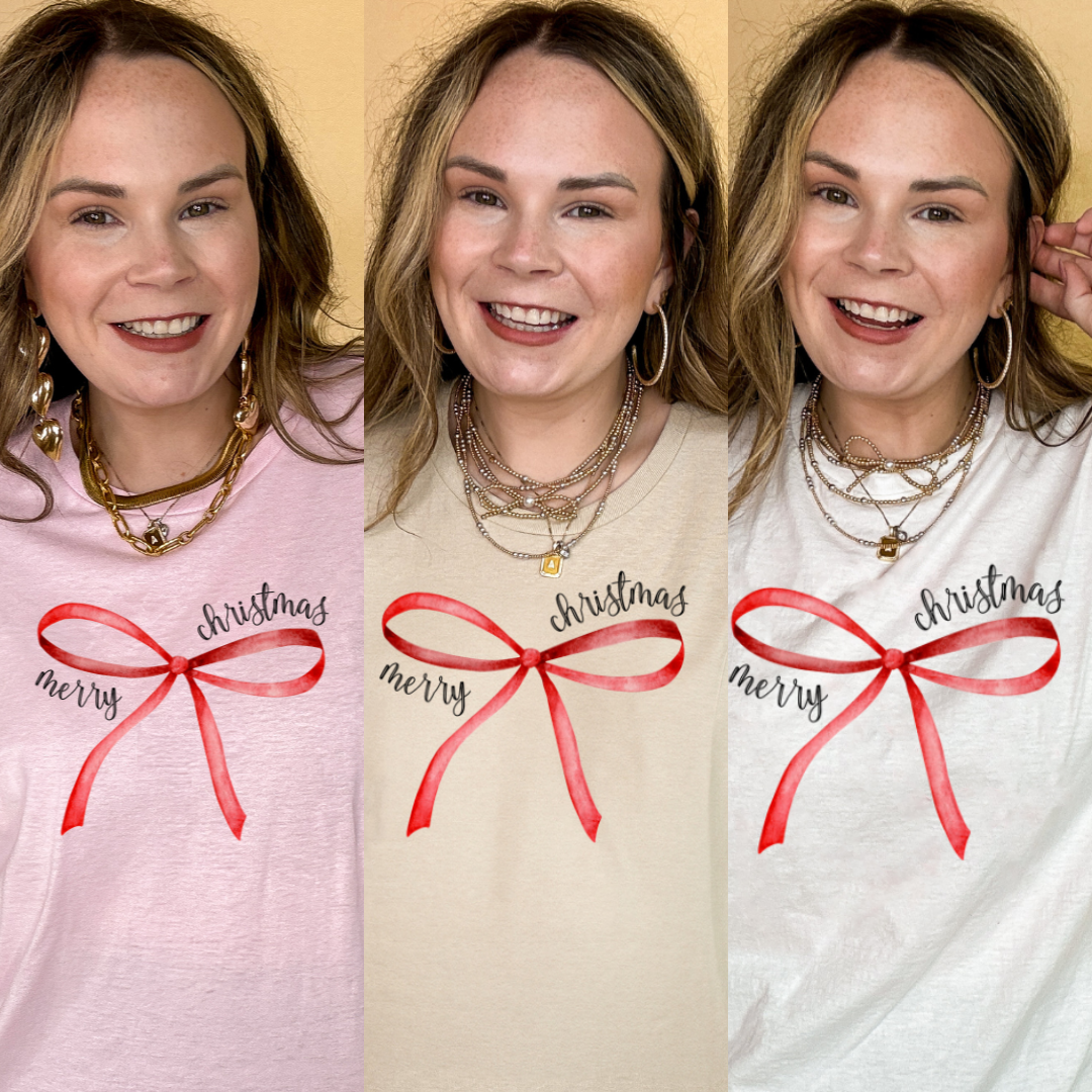 Online Exclusive | Merry Christmas Red Bow Graphic Tee in Multiple Color Options