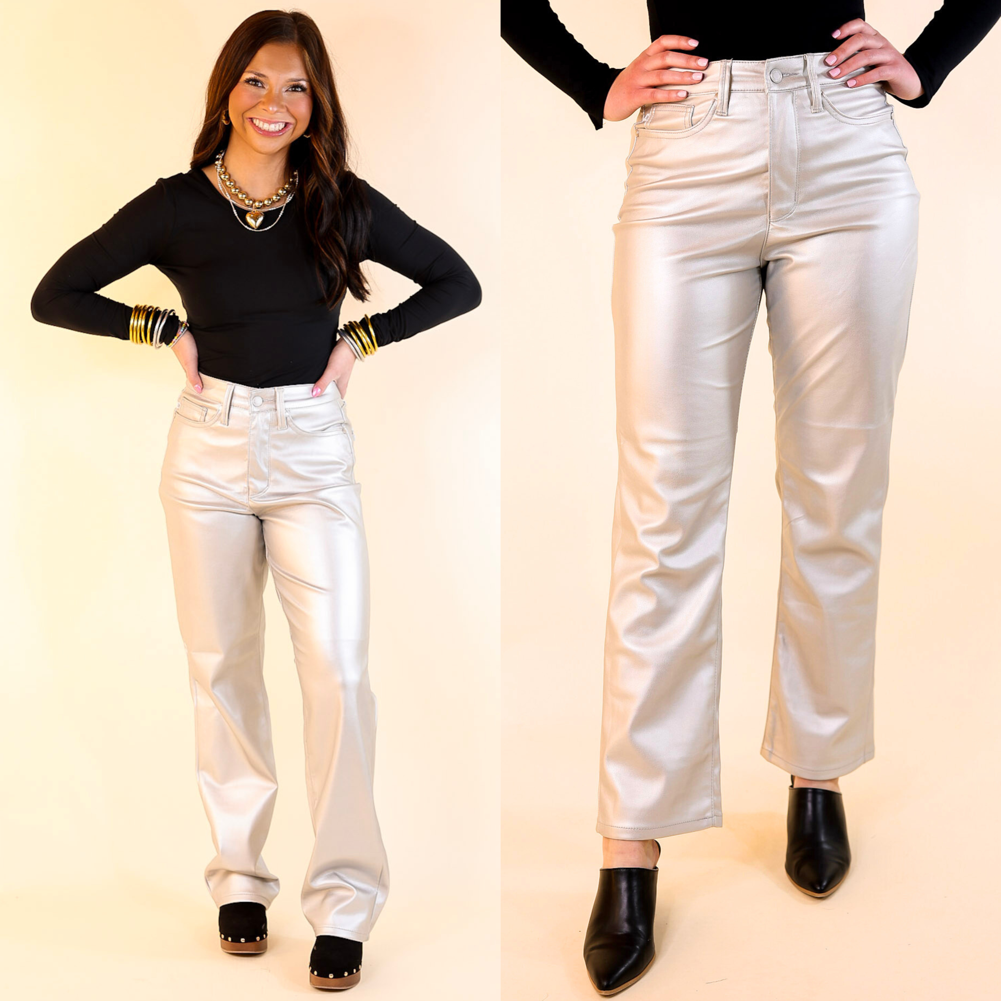 Judy Blue | Disco Diva High Waisted Tummy Control Faux Leather Straight Leg Pants in Metallic Silver