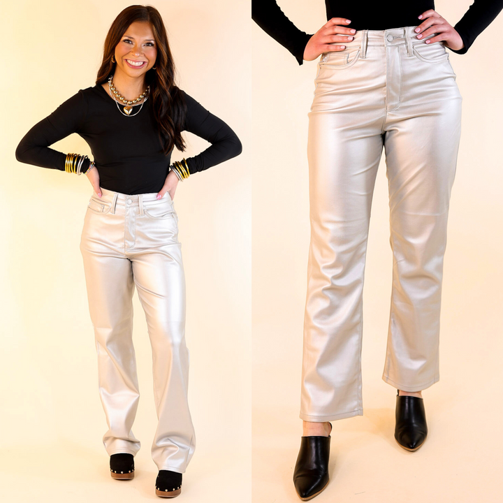 Judy Blue | Disco Diva Tummy Control Faux Leather Straight Leg Pants in Metallic Silver