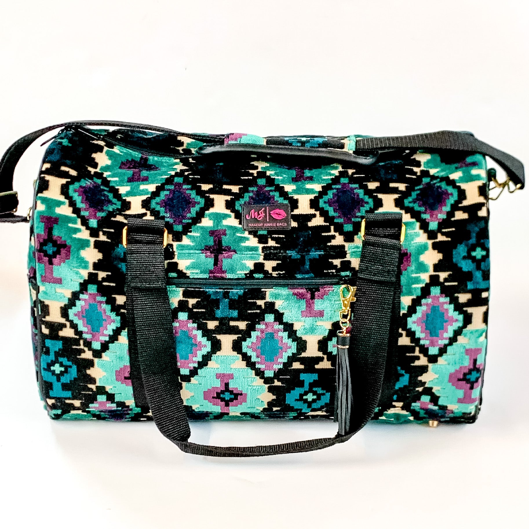 Makeup Junkie | Midnight Aztec Duffel Bag in Turquoise Green and Black Mix