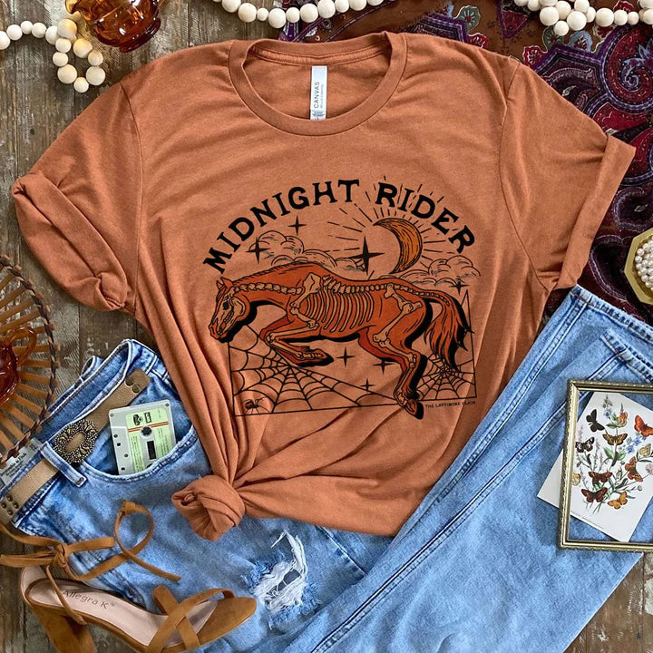 Online Exclusive | Midnight Rider Short Sleeve Graphic Tee in Harvest Brown - Giddy Up Glamour Boutique