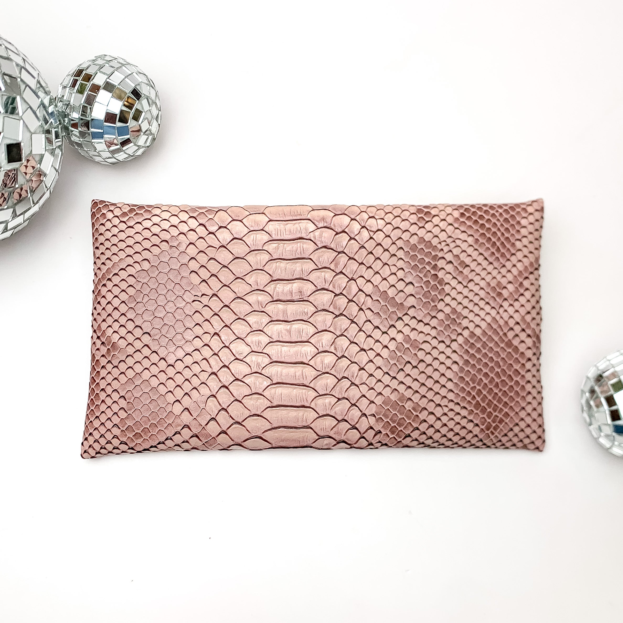 Makeup Junkie | Mini Copperazzi Lay Flat Bag in Dusty Pink Snake Print