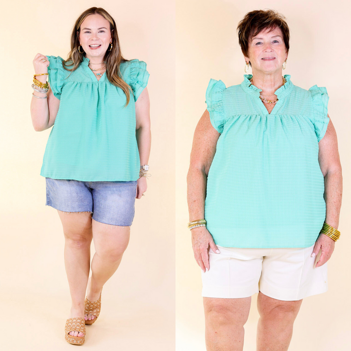 Last Chance Size 1XL | Perfectly Fabulous Ruffle Cap Sleeve Top in Mint Green