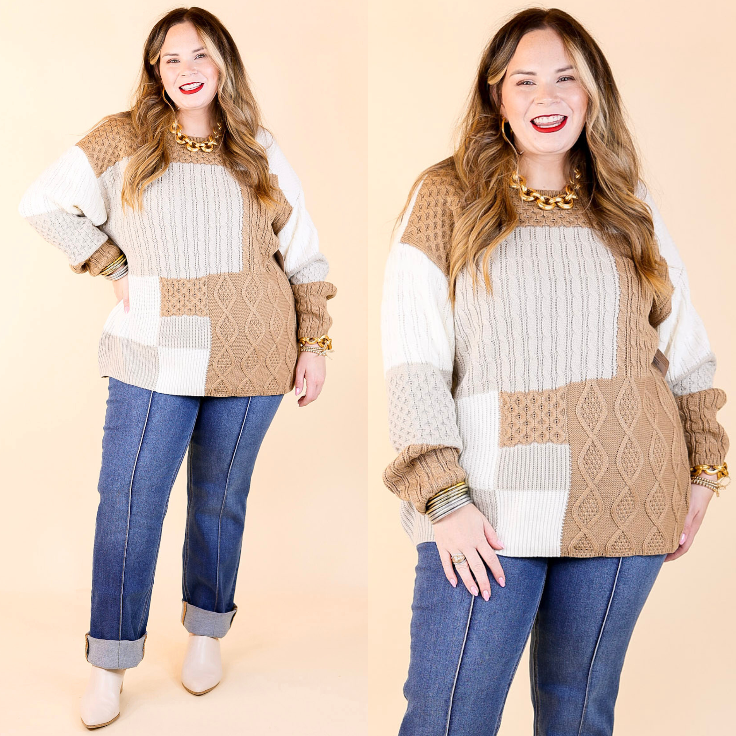 Frozen Lake Mix Knit Color Block Sweater in Ivory, Tan, and Grey