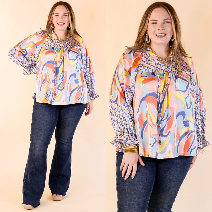 Keen On You Mix Print Blouse with Keyhole and Tie Neckline in Blue Mix
