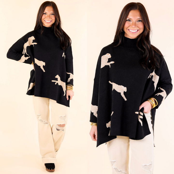 Last Chance Size Small and XL | Cheetah Girls Mock Neck Cheetah Print Sweater in Black