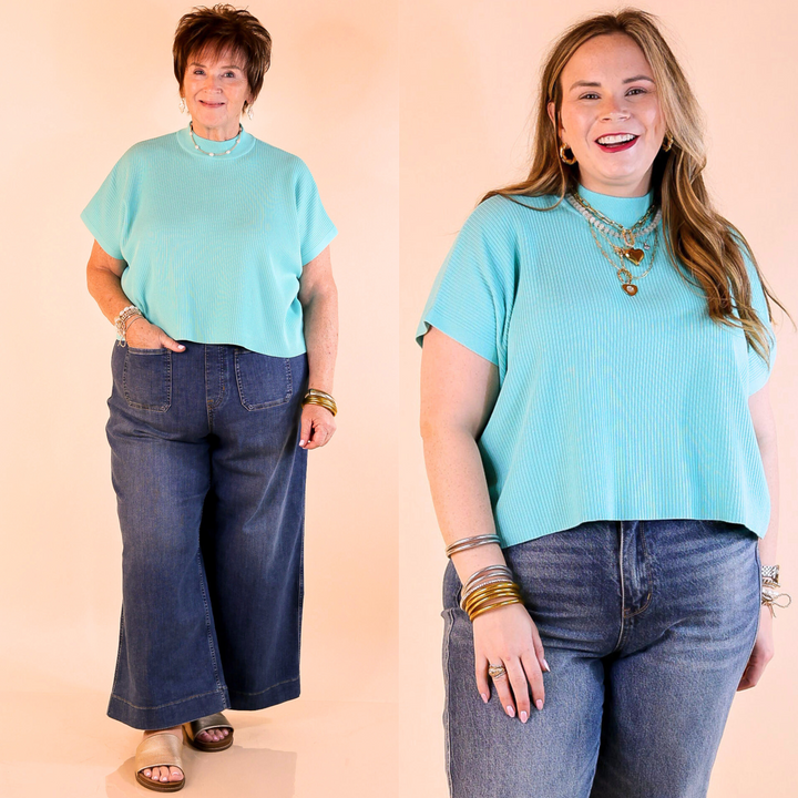 Never Out of Style Short Sleeve Mock Neck Top in Mint Sky Blue