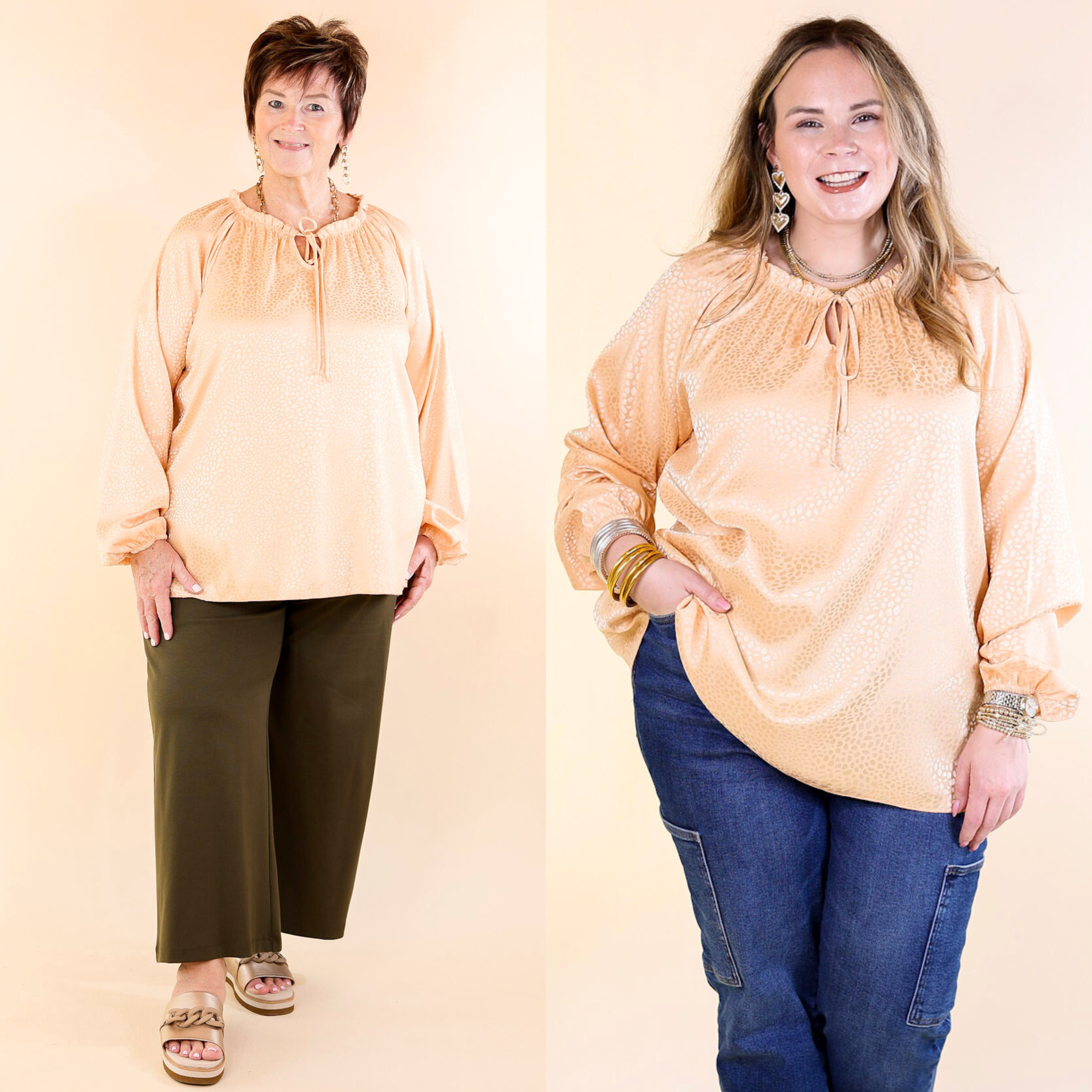 Own The Evening Ruffle Mock Neck Long Sleeve Dotted Satin Top with Keyhole in Beige