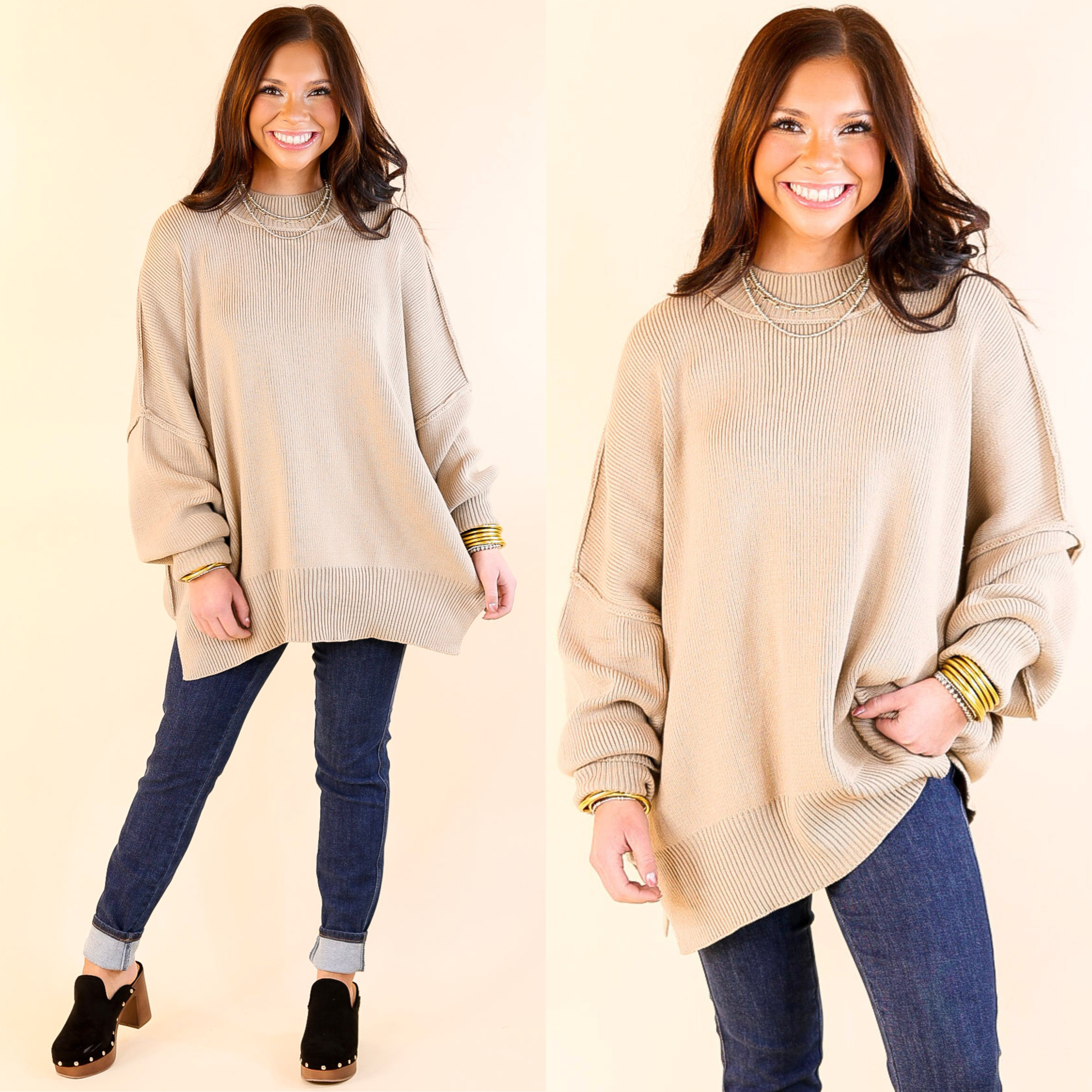 Snug and Stylish Mock Neck Sweater with Side Slit in Light Mocha Brown