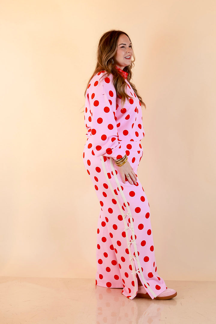 Simply Southern | Modern Staple Polka Dot Crewneck Pullover with Bow Embroidery in Pink and Red