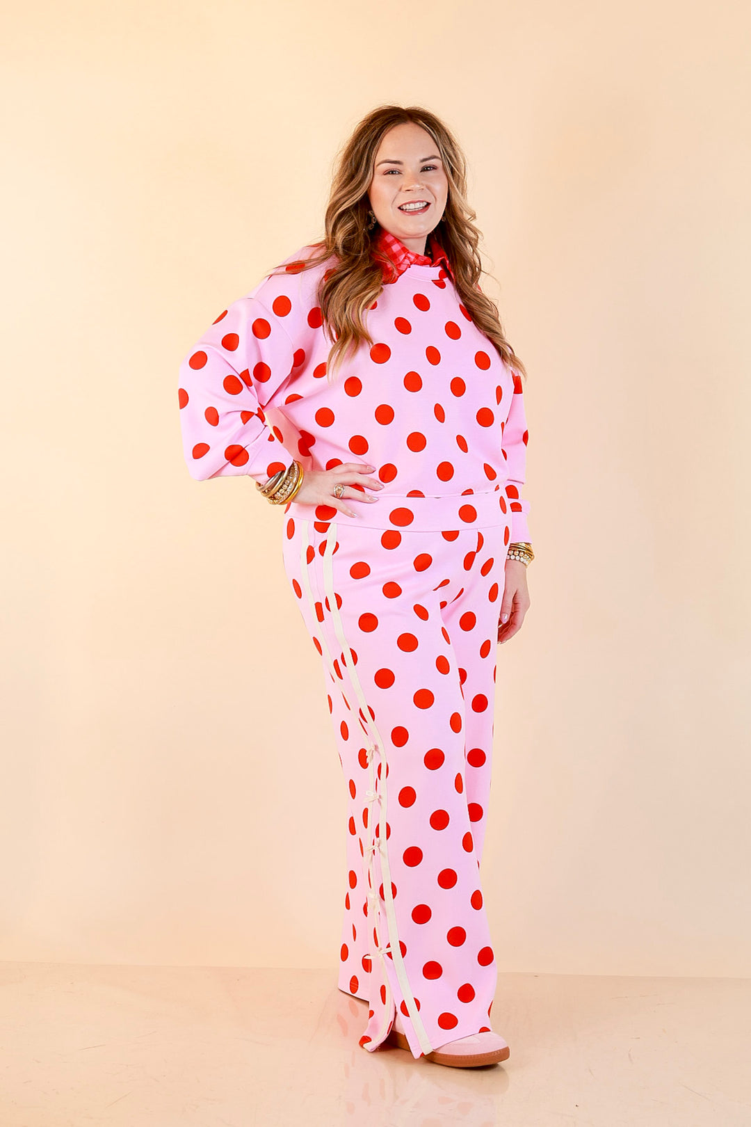 Simply Southern | Modern Staple Polka Dot Crewneck Pullover with Bow Embroidery in Pink and Red