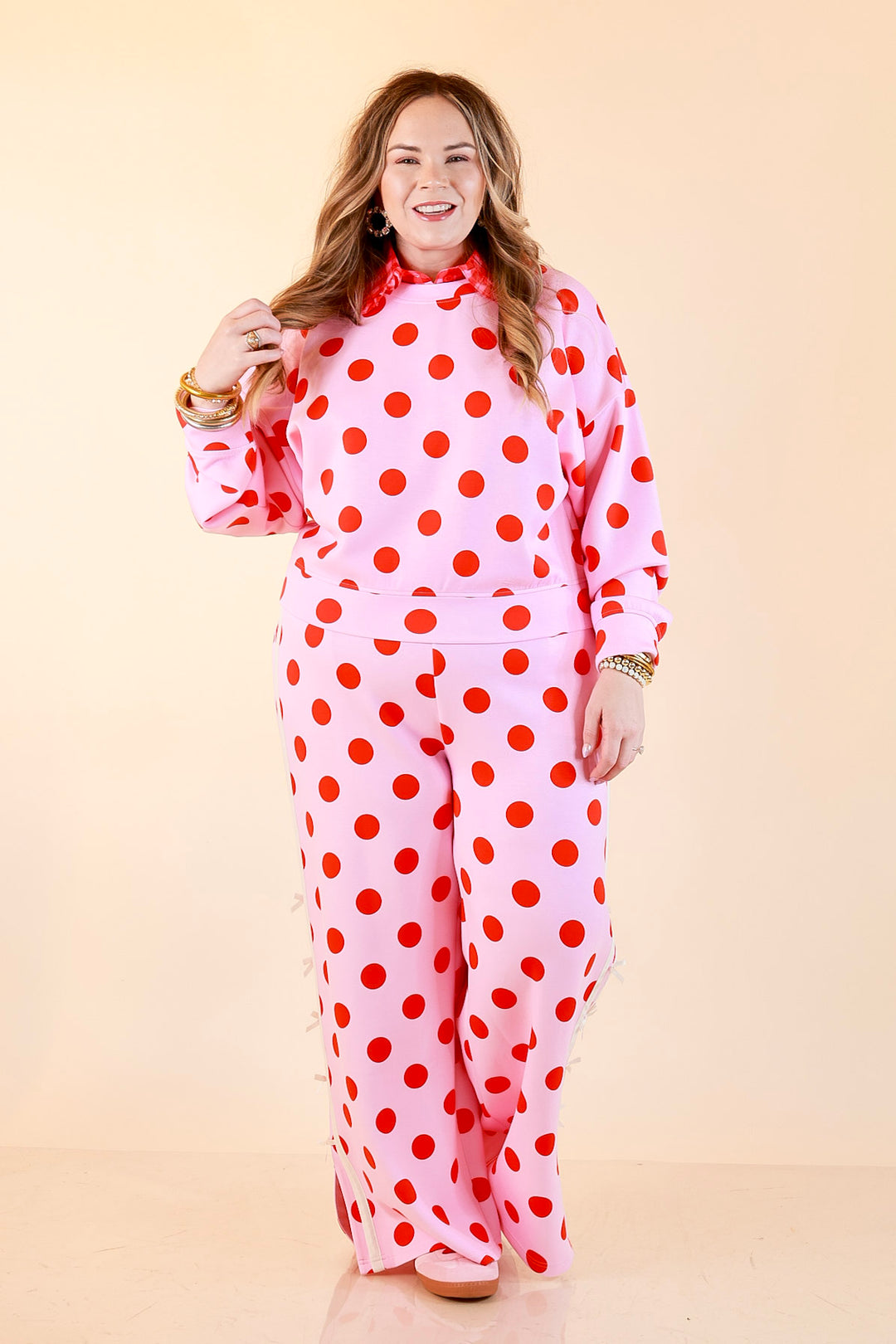 Simply Southern | Modern Staple Polka Dot Crewneck Pullover with Bow Embroidery in Pink and Red
