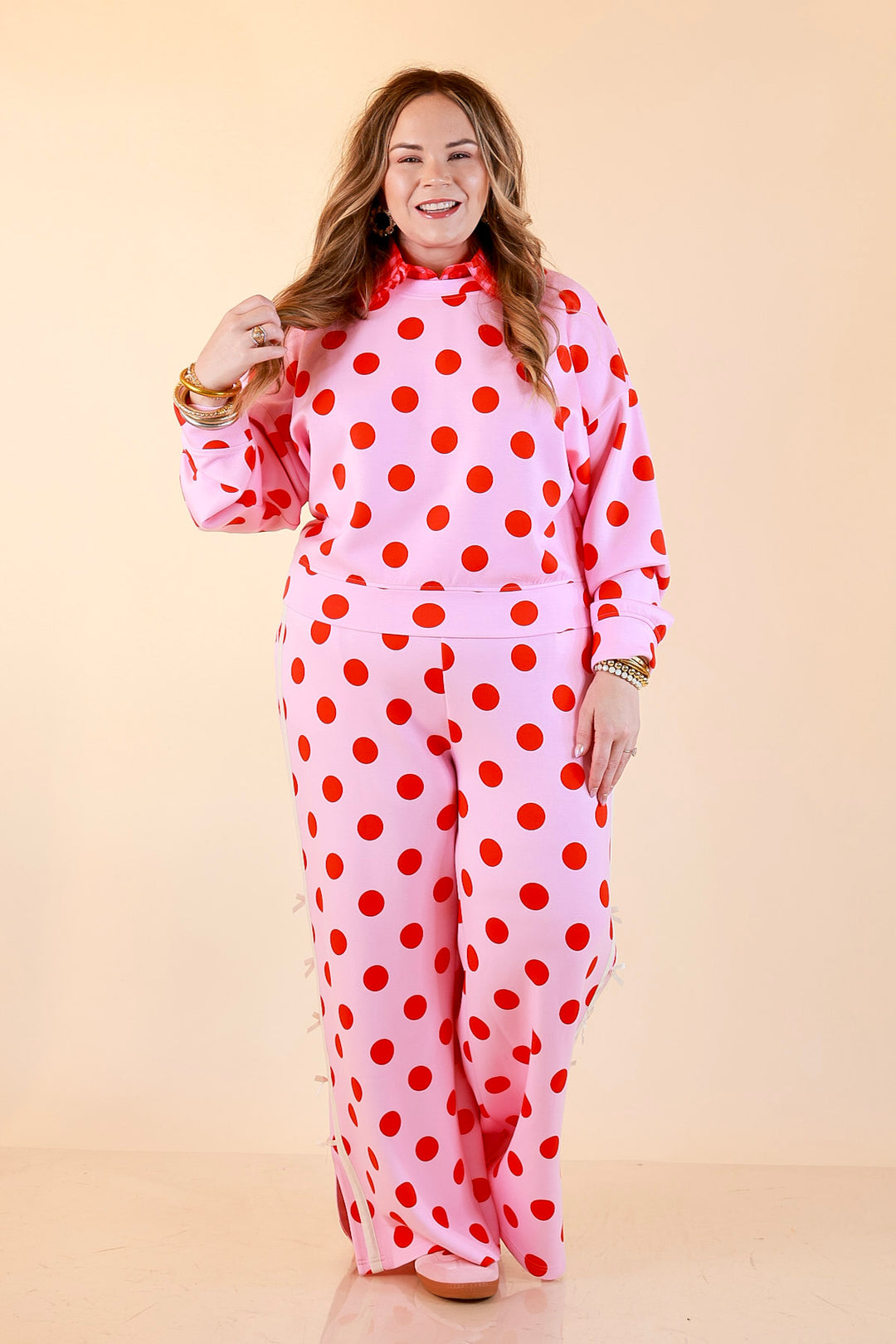 Simply Southern | Modern Staple Polka Dot Crewneck Pullover with Bow Embroidery in Pink and Red
