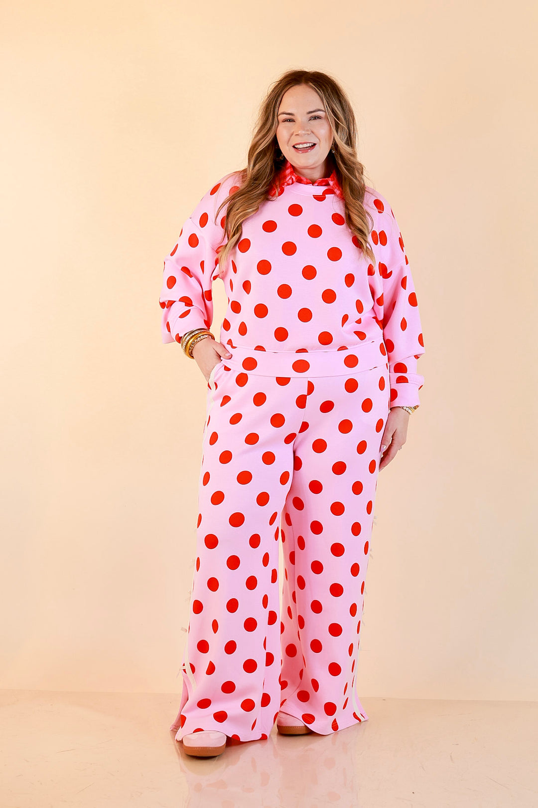Simply Southern | Modern Staple Polka Dot Crewneck Pullover with Bow Embroidery in Pink and Red