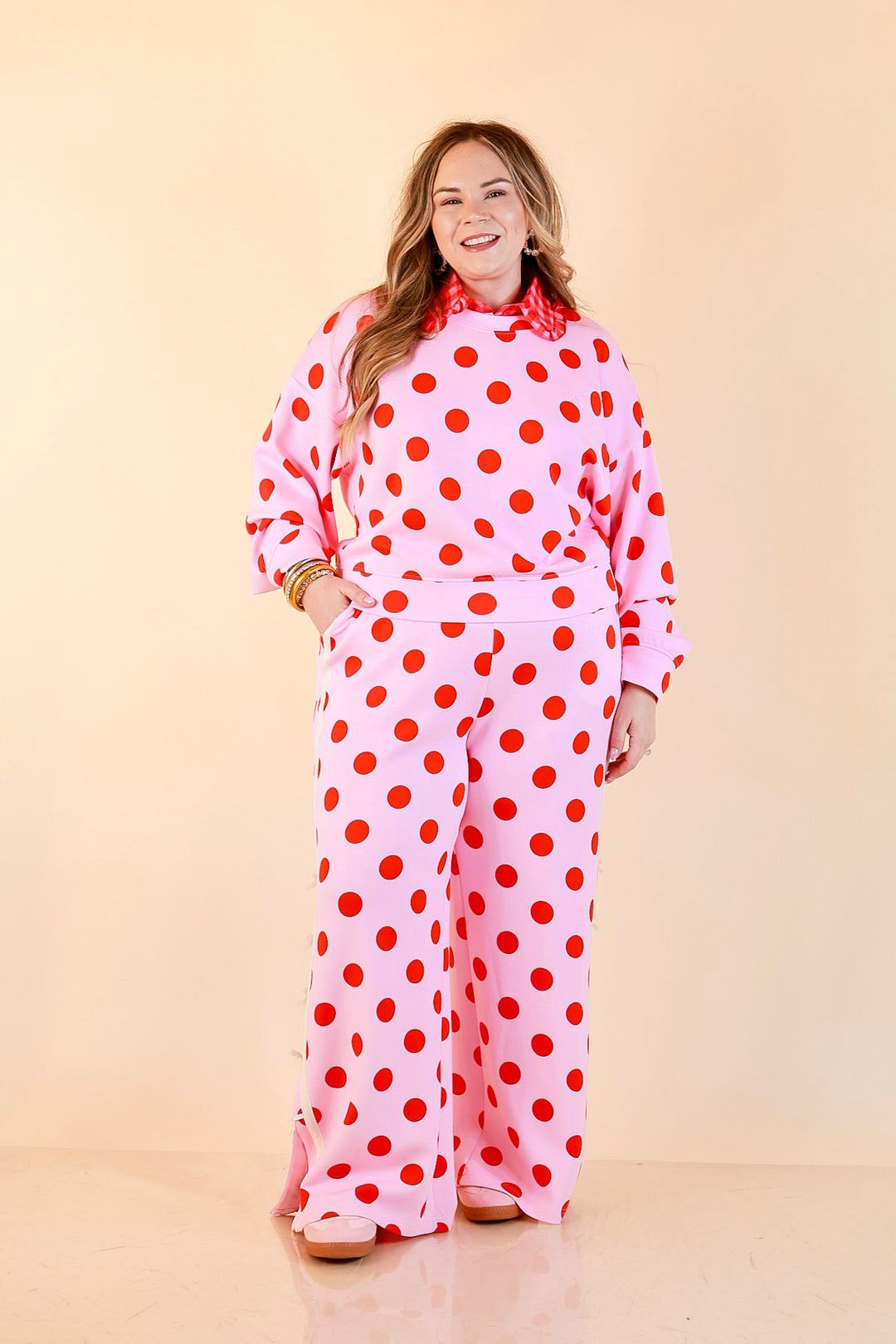 Simply Southern | Modern Staple Polka Dot Crewneck Pullover with Bow Embroidery in Pink and Red
