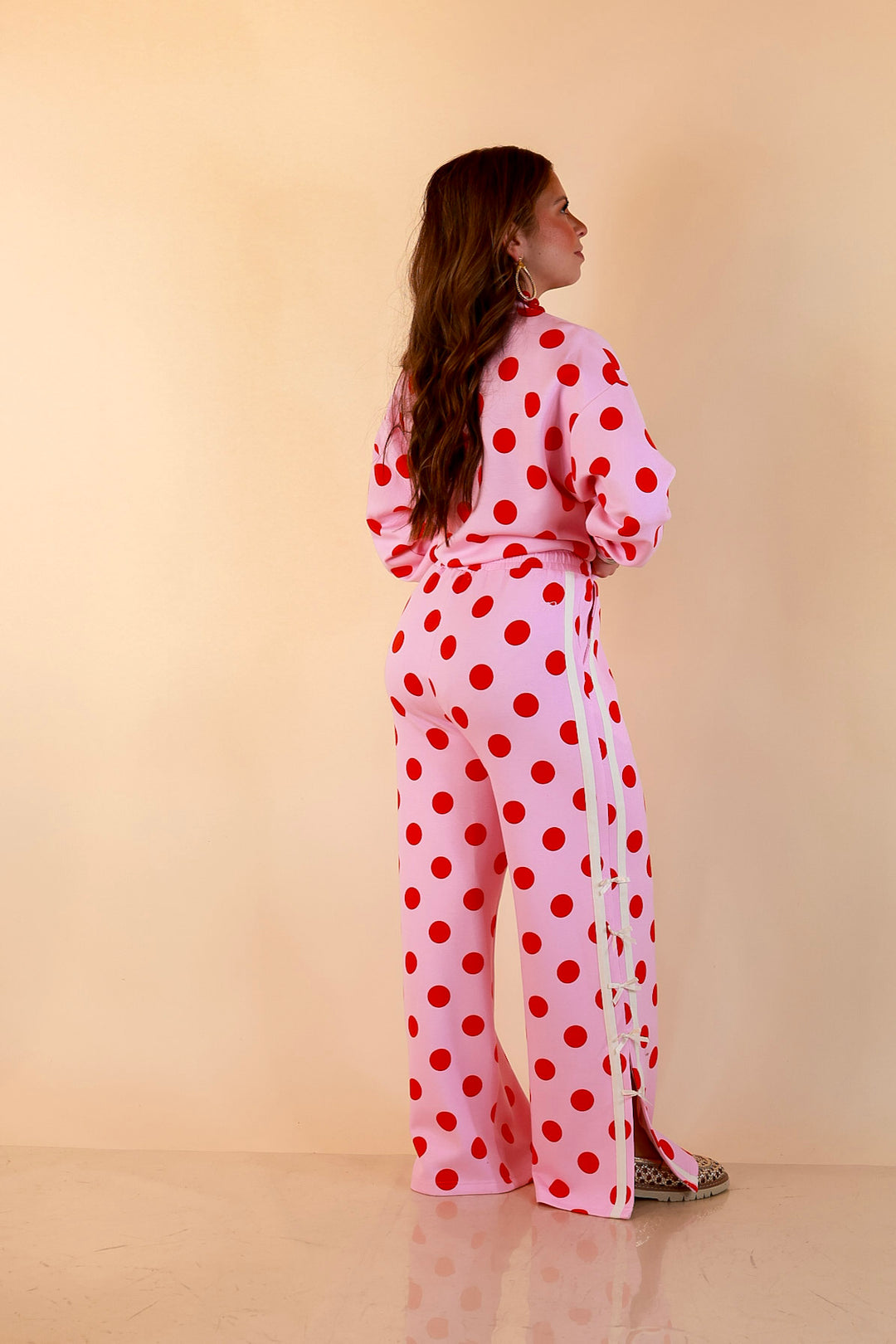 Simply Southern | Modern Staple Polka Dot Crewneck Pullover with Bow Embroidery in Pink and Red