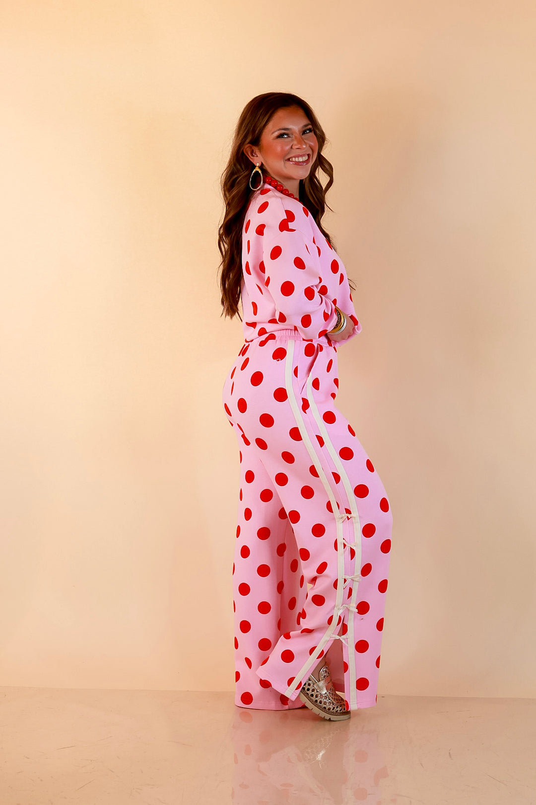Simply Southern | Modern Staple Polka Dot Crewneck Pullover with Bow Embroidery in Pink and Red