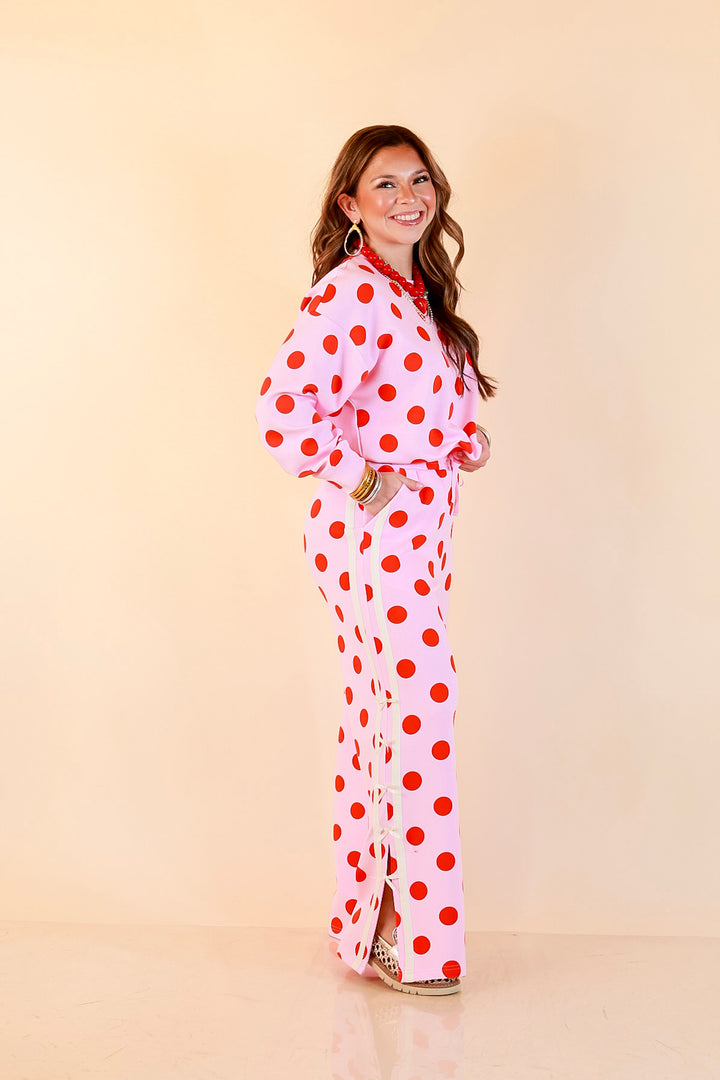 Simply Southern | Modern Staple Polka Dot Crewneck Pullover with Bow Embroidery in Pink and Red
