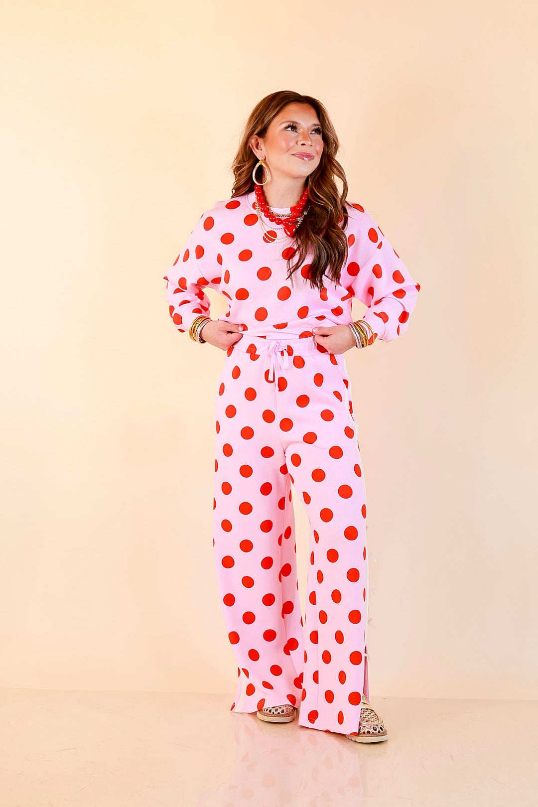 Simply Southern | Modern Staple Polka Dot Crewneck Pullover with Bow Embroidery in Pink and Red