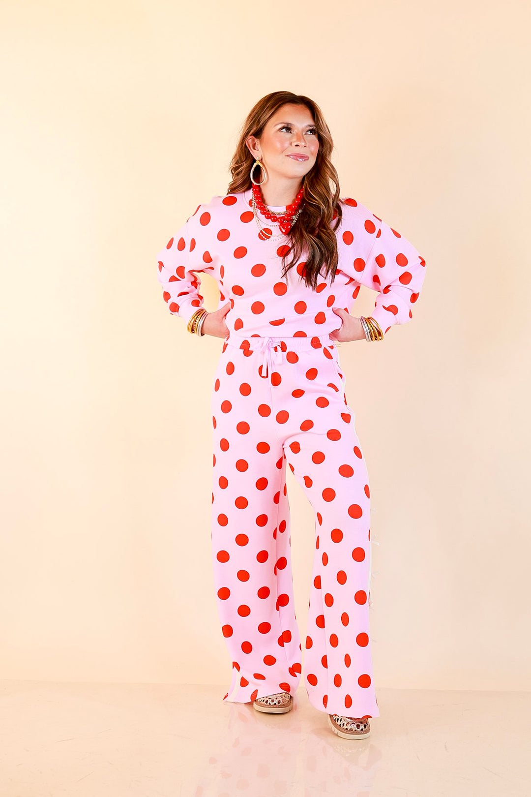 Simply Southern | Modern Staple Polka Dot Crewneck Pullover with Bow Embroidery in Pink and Red