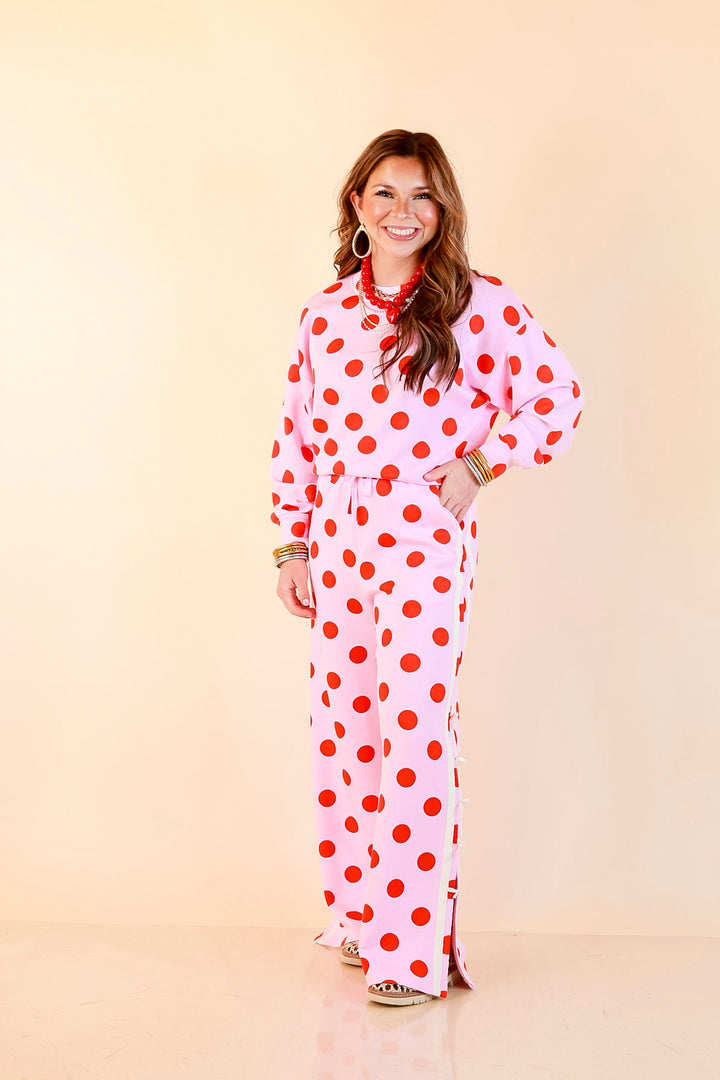 Simply Southern | Modern Staple Polka Dot Crewneck Pullover with Bow Embroidery in Pink and Red