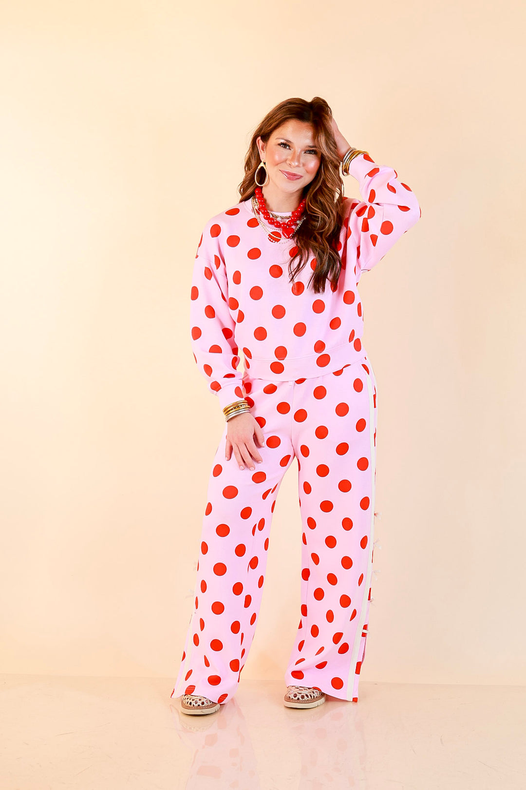 Simply Southern | Modern Staple Polka Dot Crewneck Pullover with Bow Embroidery in Pink and Red