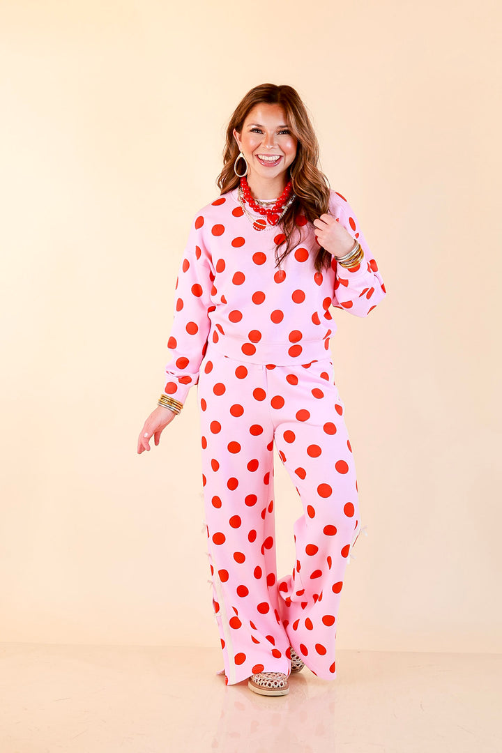 Simply Southern | Modern Staple Polka Dot Crewneck Pullover with Bow Embroidery in Pink and Red