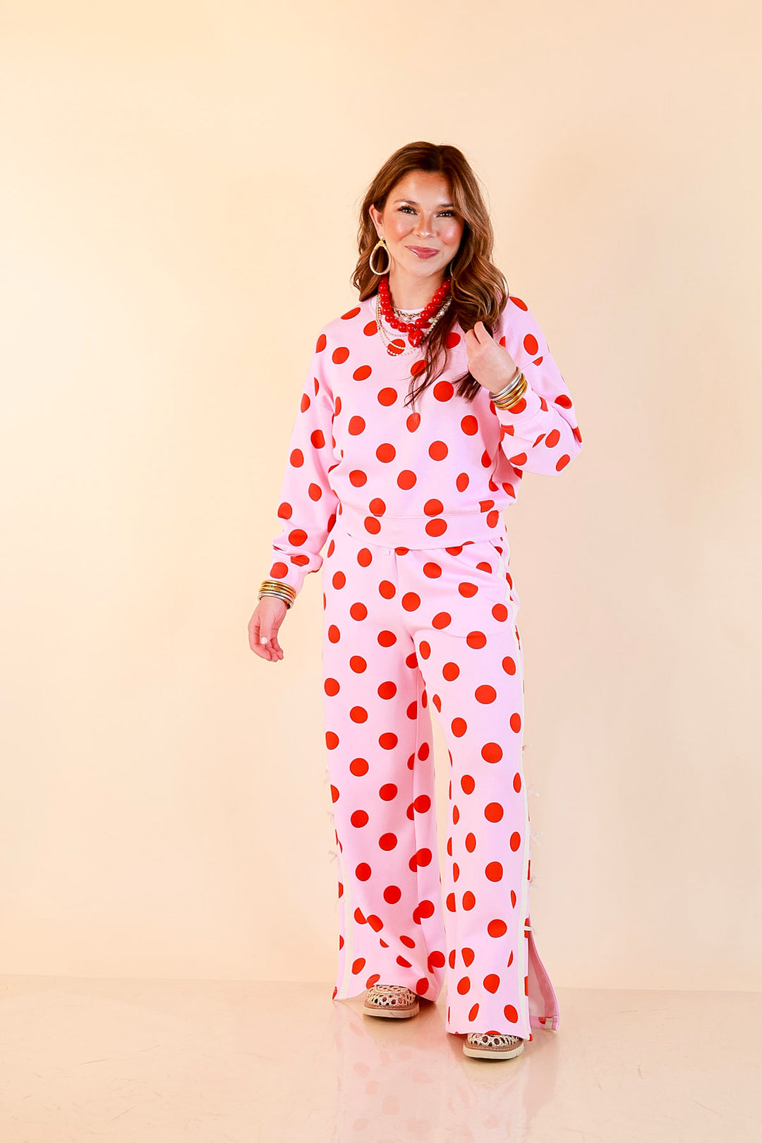 Simply Southern | Modern Staple Polka Dot Crewneck Pullover with Bow Embroidery in Pink and Red