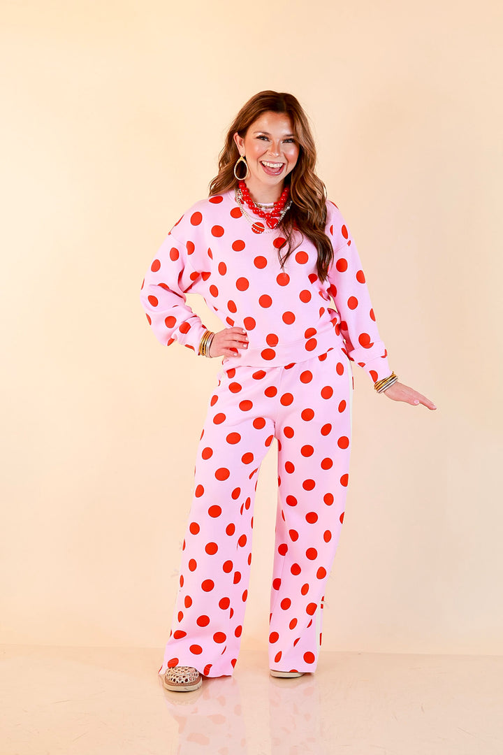 Simply Southern | Modern Staple Polka Dot Crewneck Pullover with Bow Embroidery in Pink and Red
