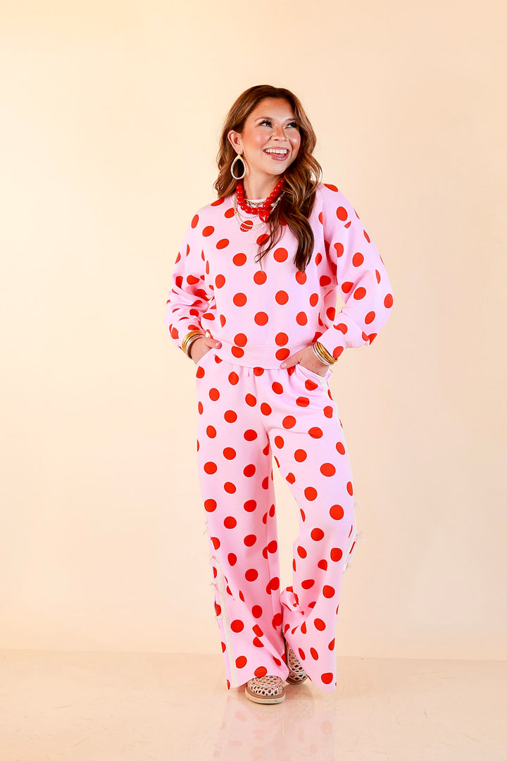 Simply Southern | Modern Staple Polka Dot Crewneck Pullover with Bow Embroidery in Pink and Red