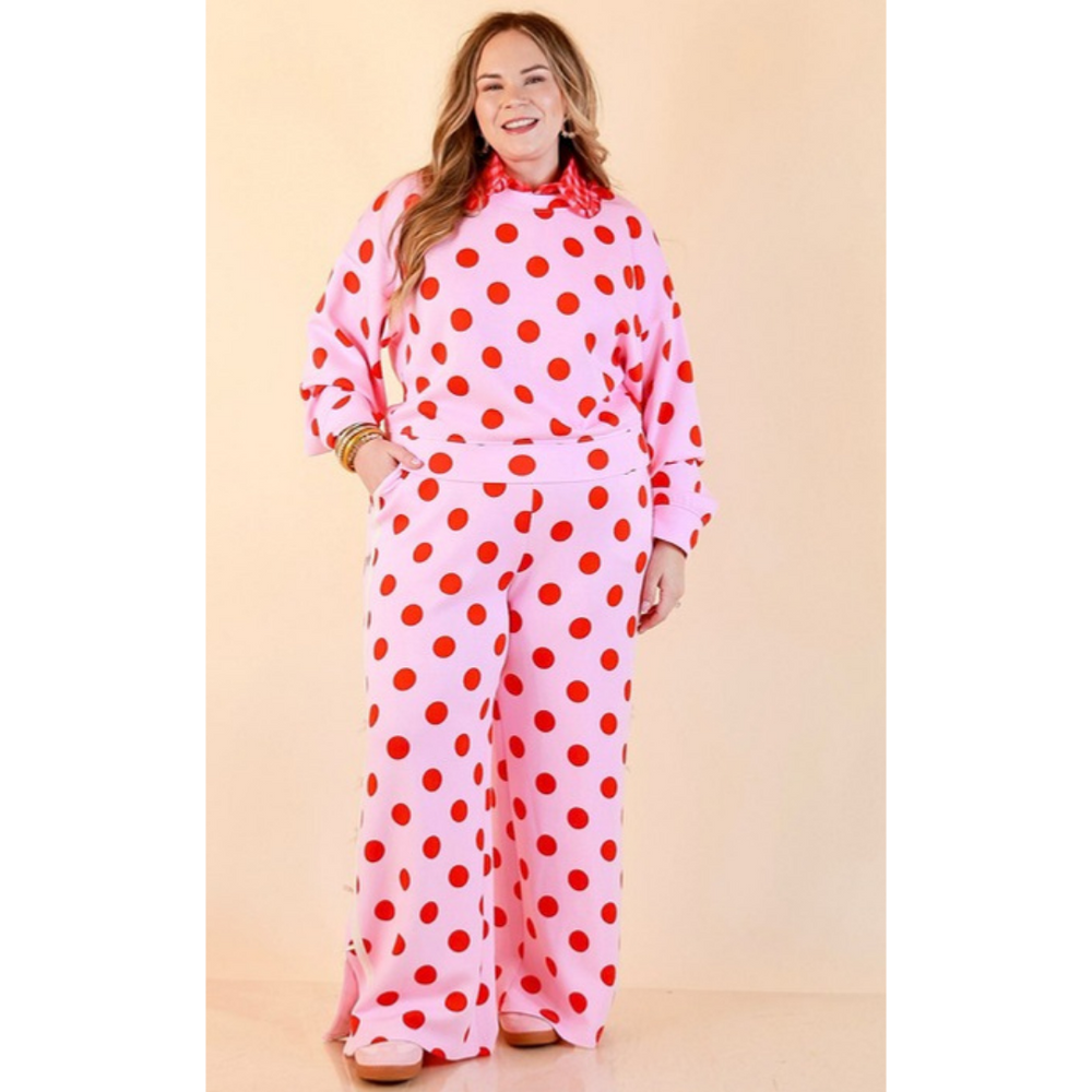 Simply Southern | Modern Staple Polka Dot Crewneck Pullover with Bow Embroidery in Pink and Red