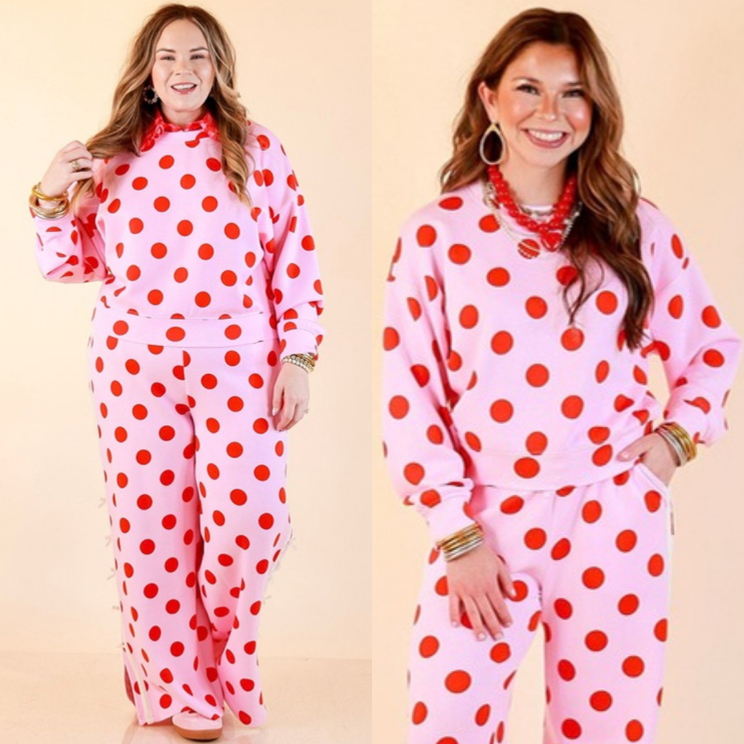 Simply Southern | Modern Staple Polka Dot Crewneck Pullover with Bow Embroidery in Pink and Red