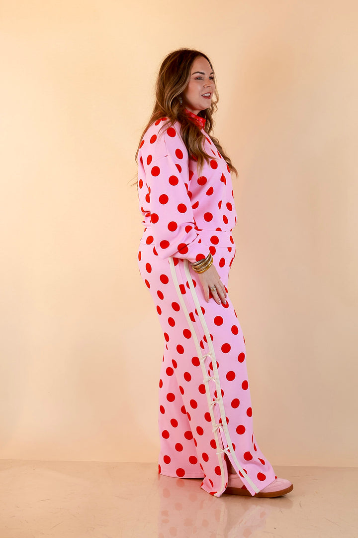 Simply Southern | Modern Staple Buttery Soft Pull-On Wide Leg Knit Polka Dot Pants with Side Bow Detail in Pink and Red