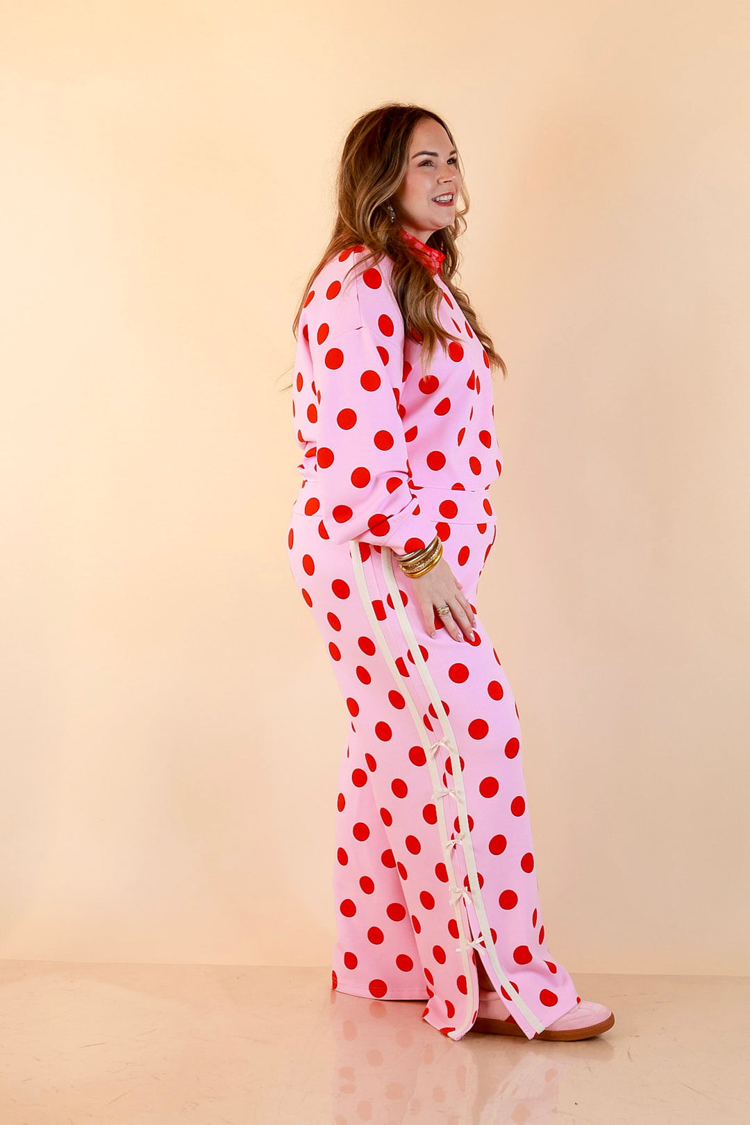 Simply Southern | Modern Staple Buttery Soft Pull-On Wide Leg Knit Polka Dot Pants with Side Bow Detail in Pink and Red