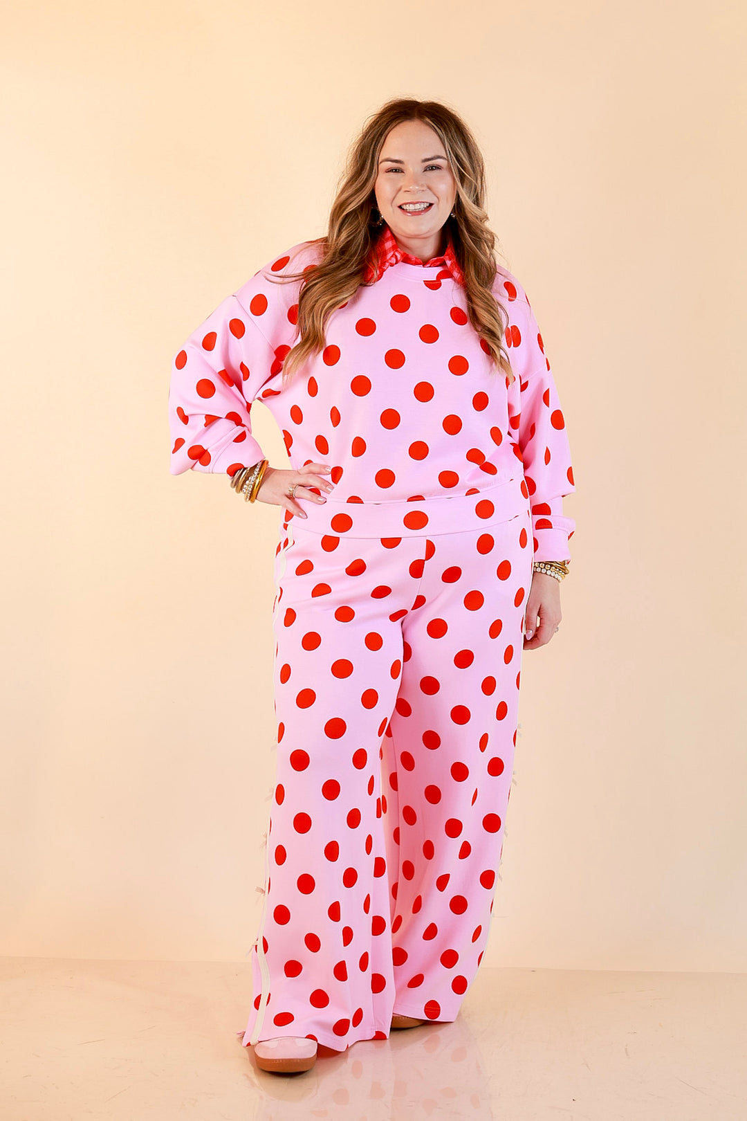 Simply Southern | Modern Staple Buttery Soft Pull-On Wide Leg Knit Polka Dot Pants with Side Bow Detail in Pink and Red