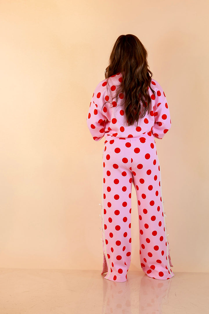 Simply Southern | Modern Staple Buttery Soft Pull-On Wide Leg Knit Polka Dot Pants with Side Bow Detail in Pink and Red