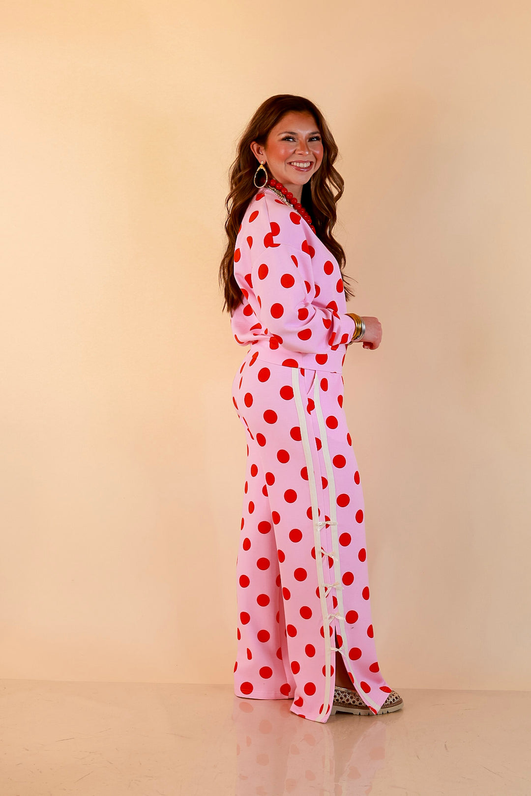 Simply Southern | Modern Staple Buttery Soft Pull-On Wide Leg Knit Polka Dot Pants with Side Bow Detail in Pink and Red